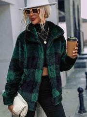 Plaid Zip-Up Collared Jacket - Trendsi