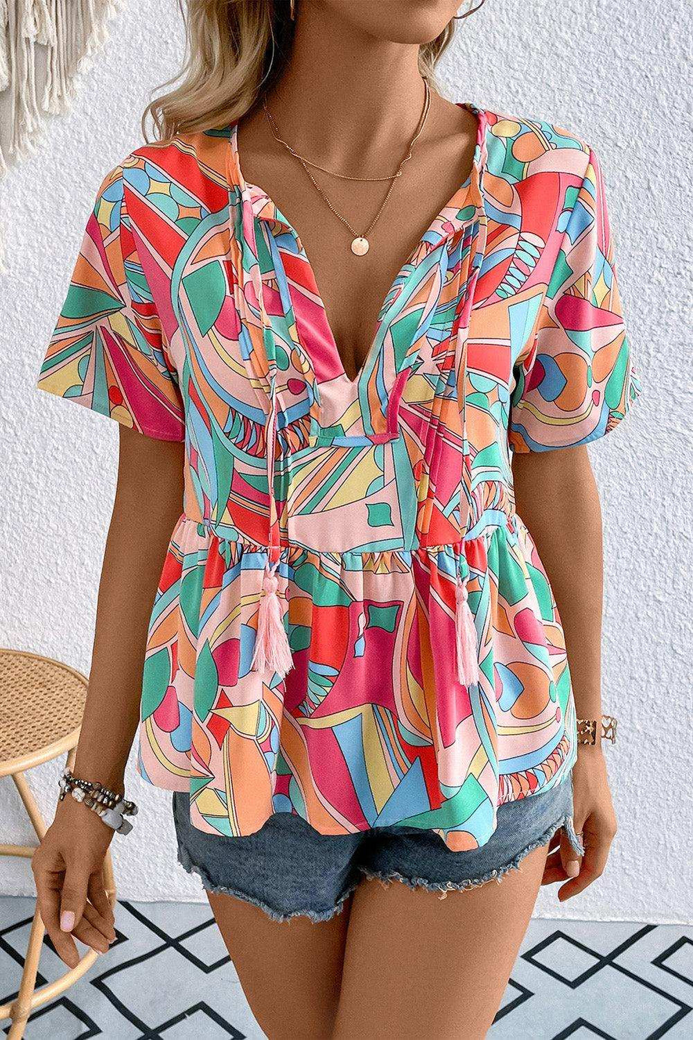 Printed Tie Neck Short Sleeve Blouse - Trendsi - Flyclothing LLC