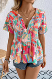 Printed Tie Neck Short Sleeve Blouse - Trendsi - Flyclothing LLC