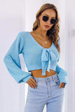 Bow V-Neck Long Sleeve Cropped Sweater - Trendsi - Flyclothing LLC