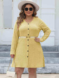 Plus Size Ribbed Buttoned V-Neck Long Sleeve Dress - Trendsi - Flyclothing LLC