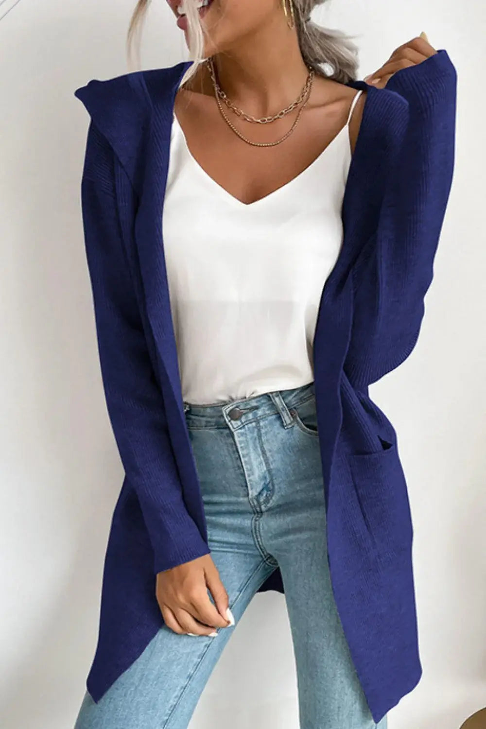 Ribbed Open Front Hooded Cardigan with Pockets - Trendsi - Flyclothing LLC
