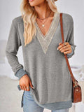Crochet Contrast V-Neck Long Sleeve Slit T-Shirt - Trendsi - Flyclothing LLC