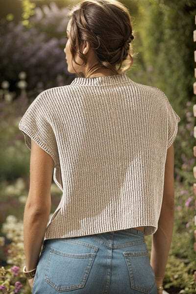 Pocketed V-Neck Cap Sleeve Sweater Vest - Trendsi - Flyclothing LLC