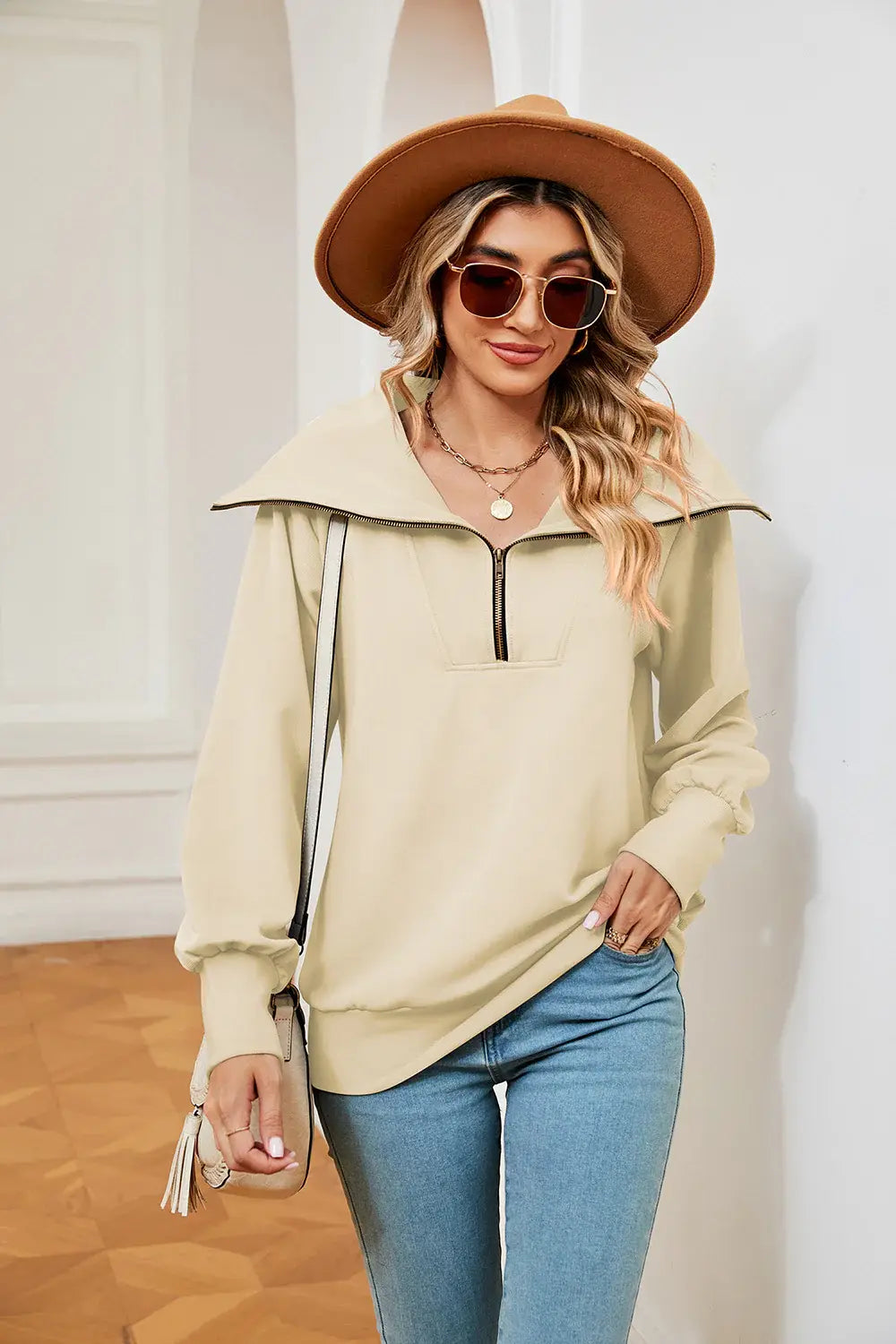 Half-Zip Collared Sweatshirt - Trendsi - Flyclothing LLC