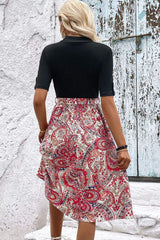 Printed Short Sleeve Belted Dress - Trendsi - Flyclothing LLC