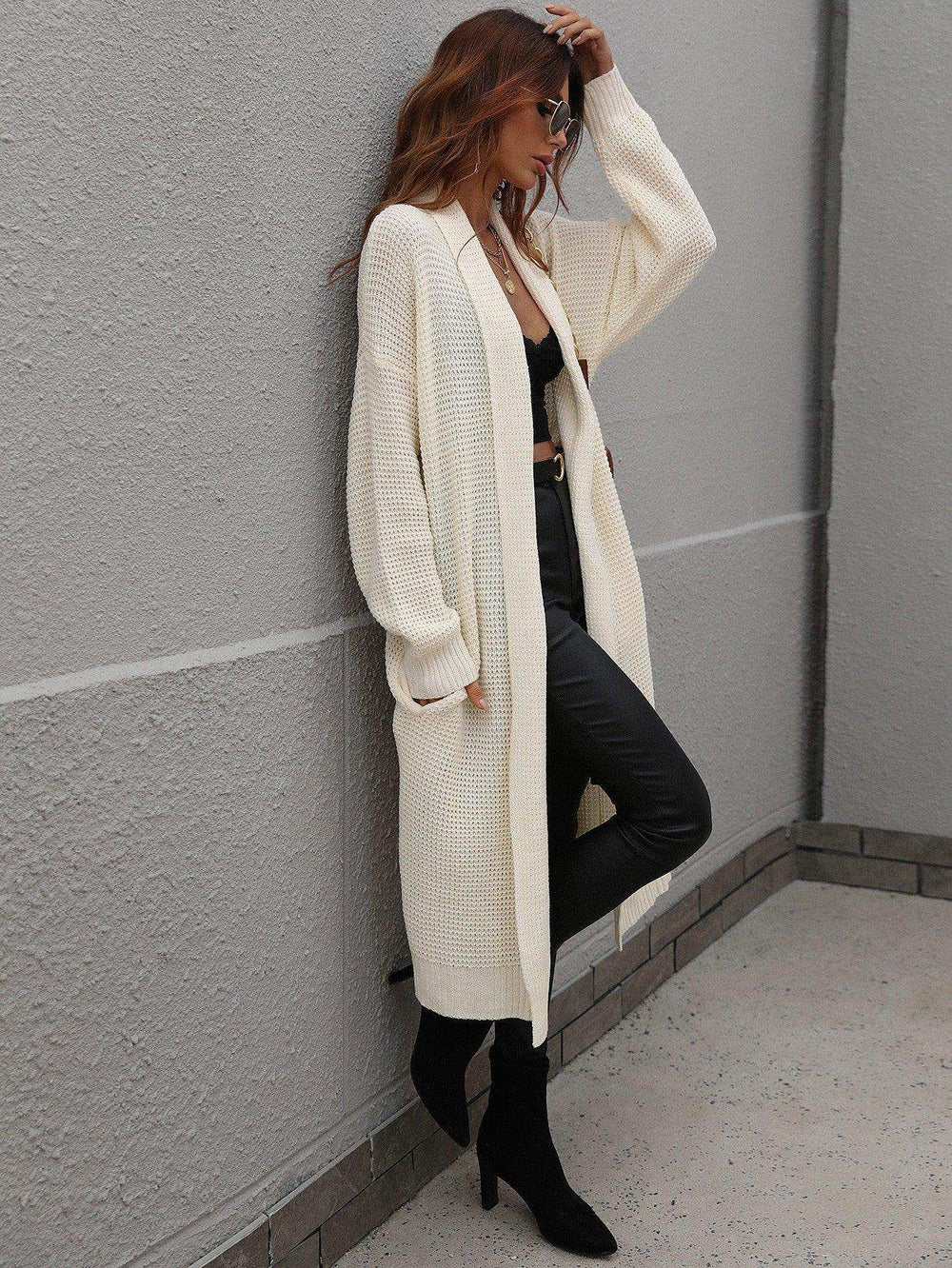 Waffle Knit Open Front Duster Cardigan With Pockets - Trendsi - Flyclothing LLC