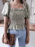 Frill Smocked Square Neck Short Sleeve Blouse - Trendsi - Flyclothing LLC