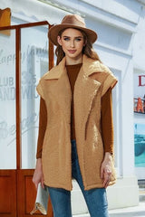 Fuzzy Collared Neck Button Up Vest Coat - Trendsi