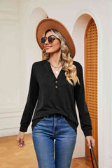 Buttoned Notched Neck Long Sleeve Top - Trendsi - Flyclothing LLC
