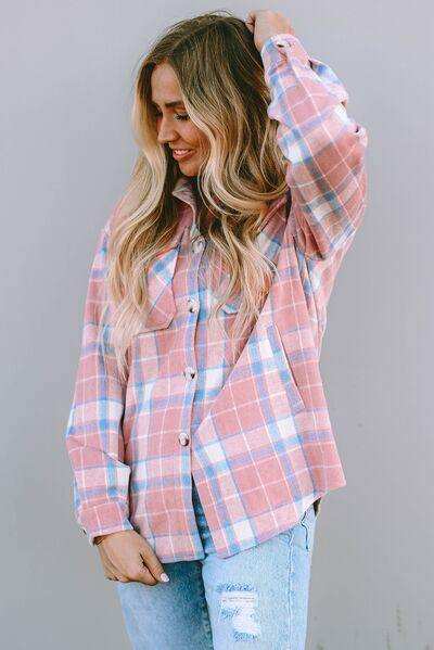Plaid Pocketed Collared Neck Button Up Jacket - Trendsi - Flyclothing LLC