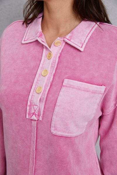 Quarter Button Dropped Shoulder Sweatshirt - Trendsi - Flyclothing LLC