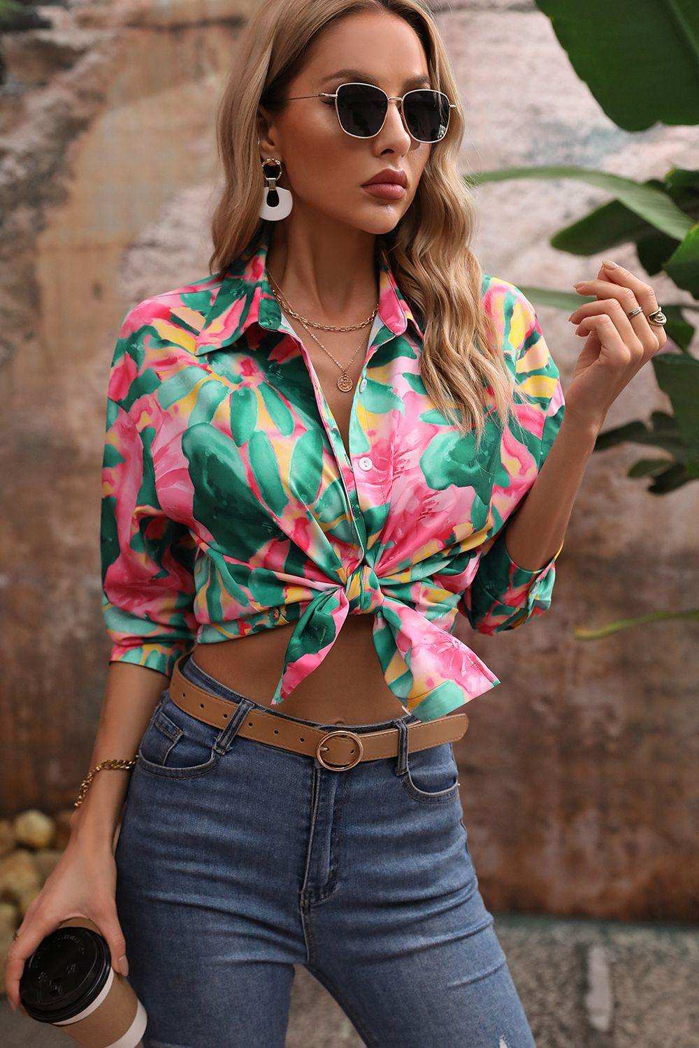 Floral Print Collared Neck Long Sleeve Shirt - Trendsi - Flyclothing LLC