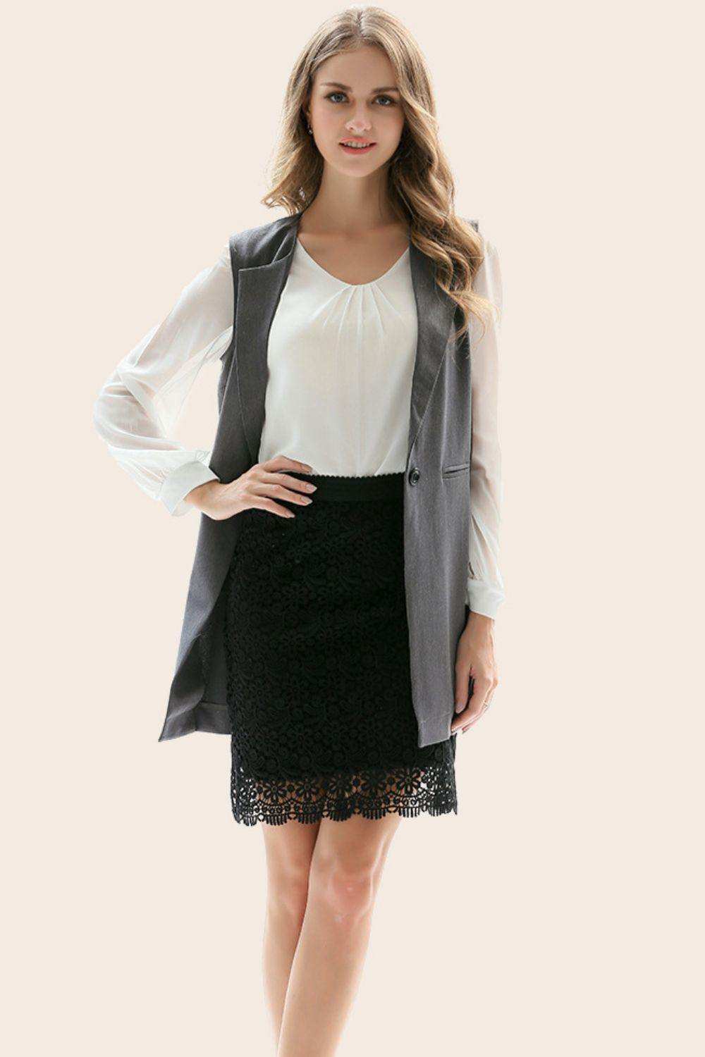 One-Button Sleeveless Longline Blazer - Trendsi - Flyclothing LLC