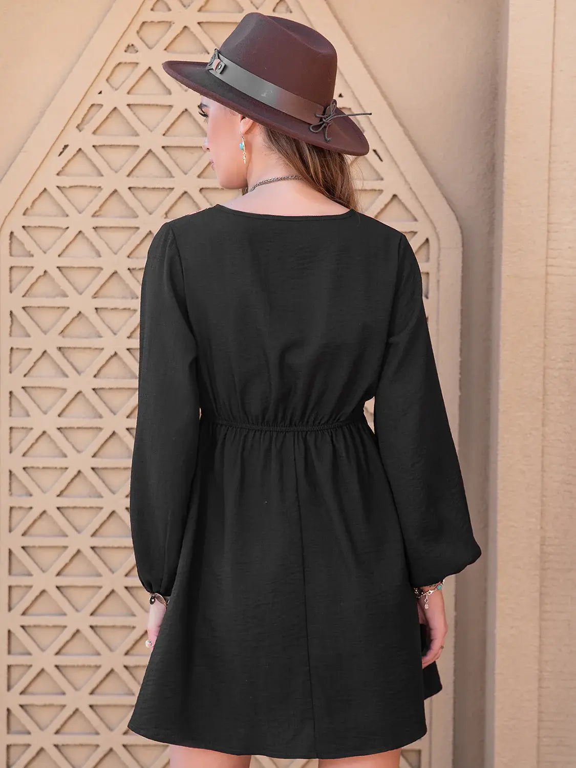 Notched Neck Long Sleeve Printed Mini Dress - Trendsi - Flyclothing LLC