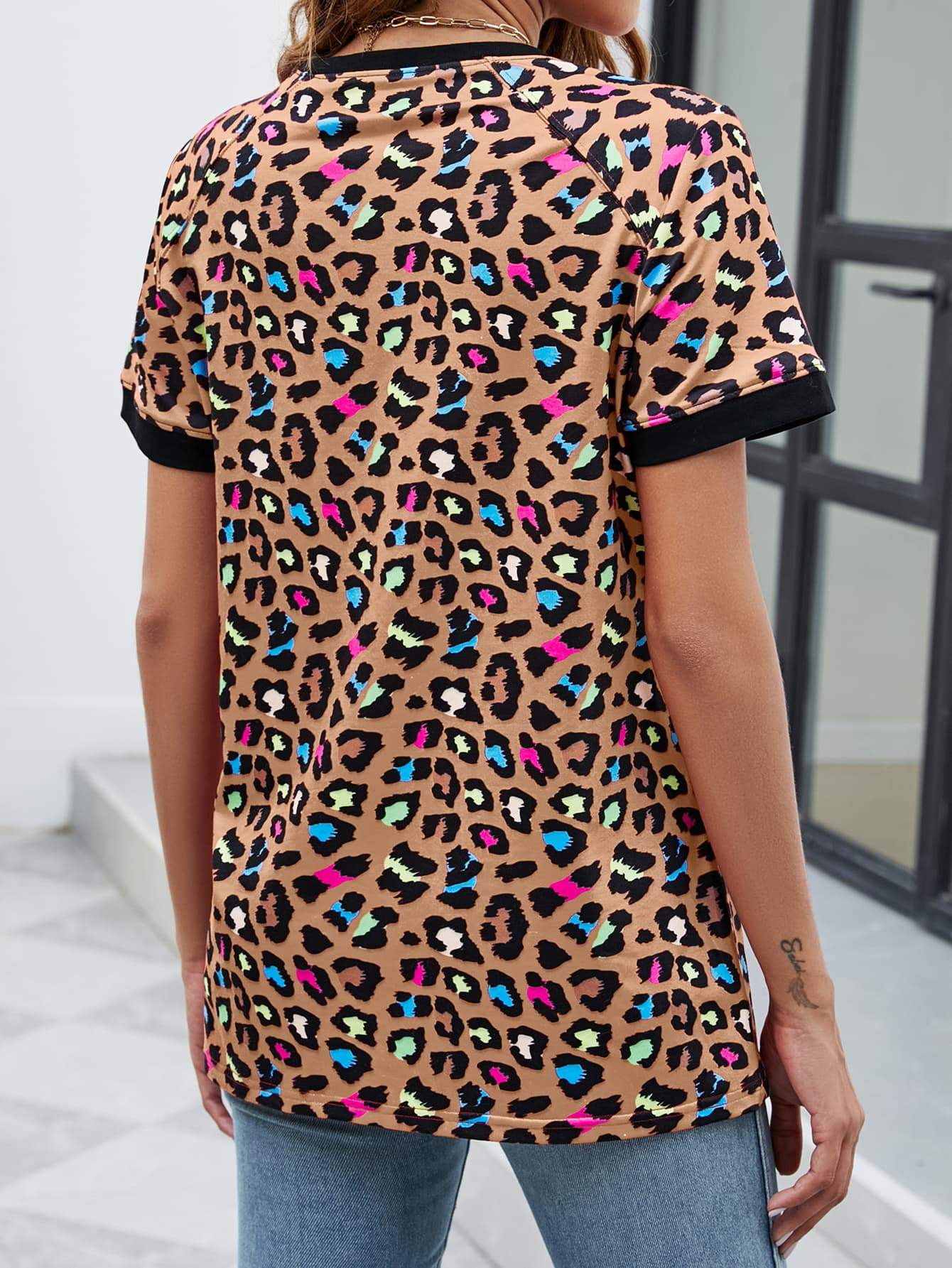 Leopard Round Neck Short Sleeve Tee Shirt - Trendsi - Flyclothing LLC