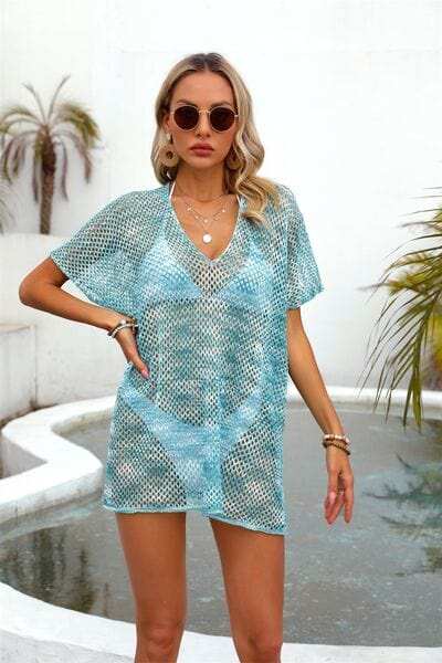 Openwork V-Neck Half Sleeve Cover Up - Trendsi - Flyclothing LLC