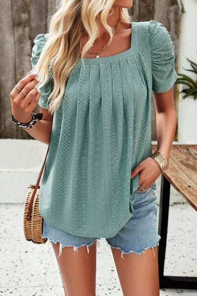 Eyelet Square Neck Puff Sleeve T-Shirt - Trendsi - Flyclothing LLC