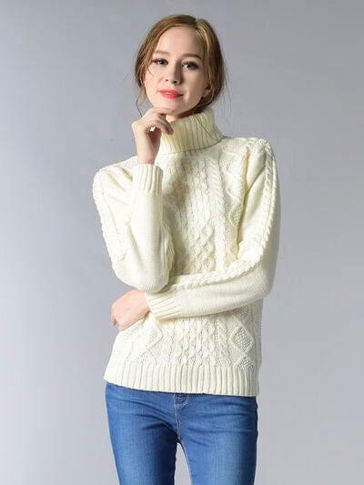 Cable-Knit Turtleneck Pullover Sweater - Trendsi