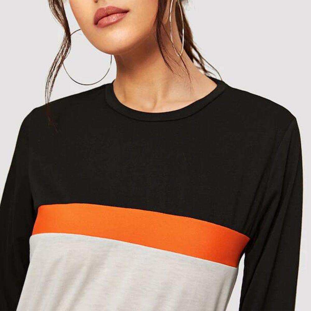 Color Block Round Neck Long Sleeve Tee - Trendsi - Flyclothing LLC
