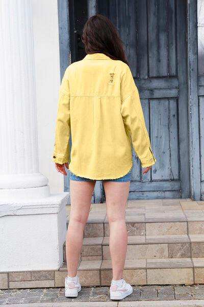 Distressed Button Up Raw Hem Denim Jacket - Trendsi - Flyclothing LLC