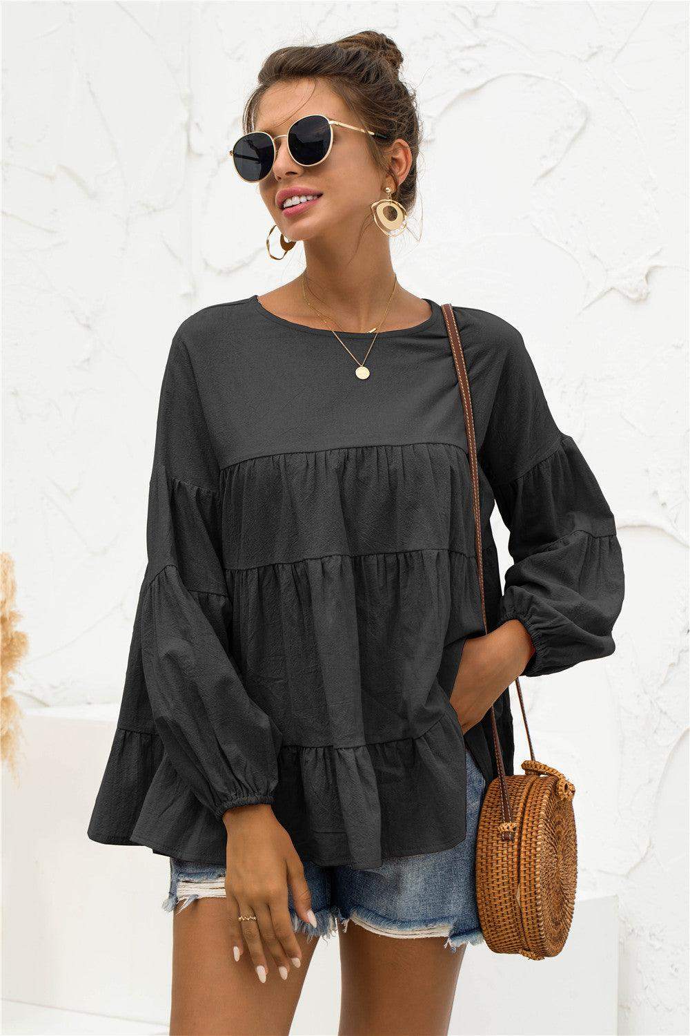 Round Neck Bubble Sleeve Tiered Blouse - Trendsi - Flyclothing LLC