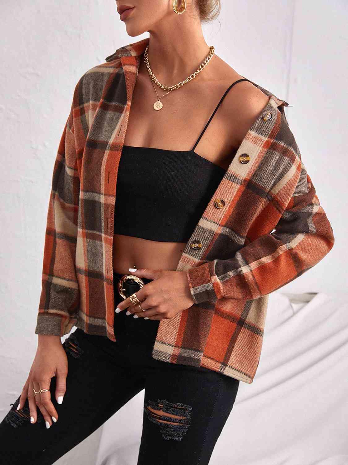 Plaid Collared Neck Button Down Jacket - Trendsi