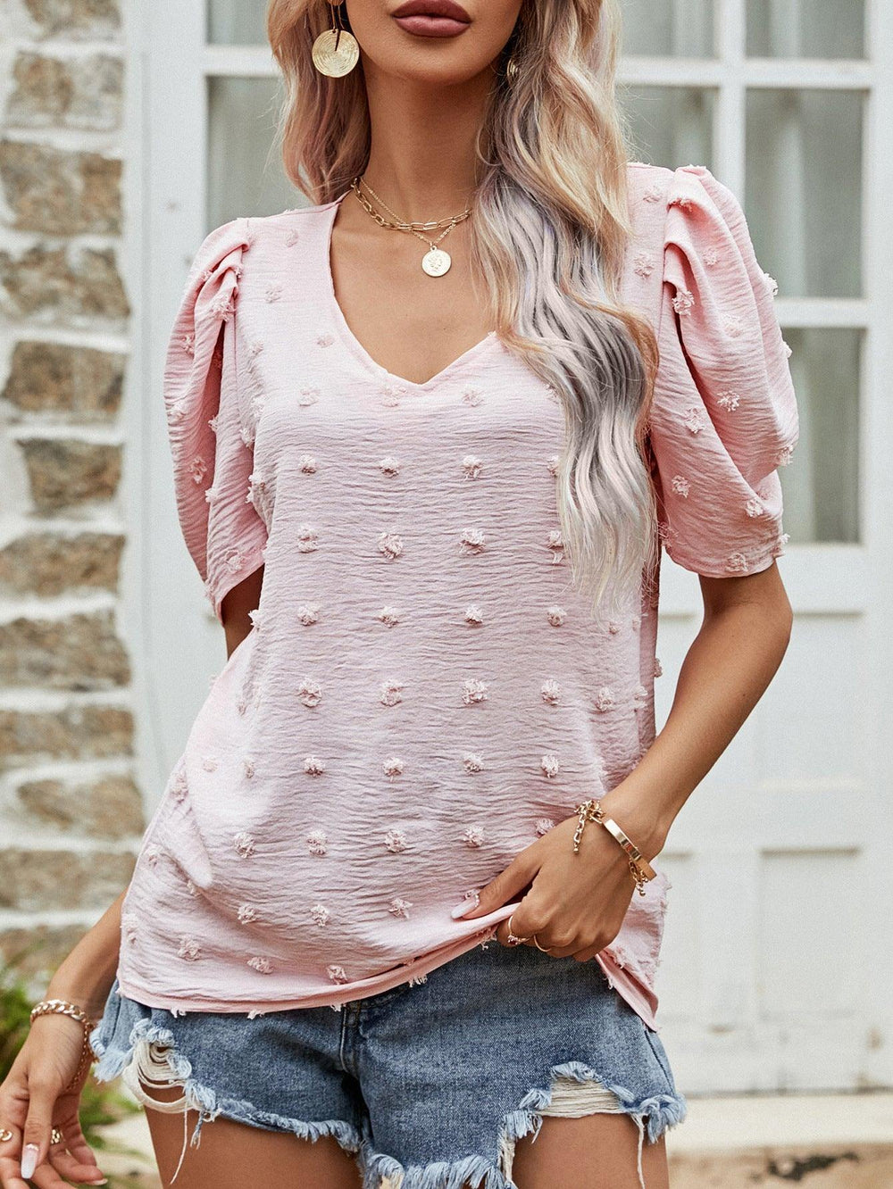 Swiss Dot Short Puff Sleeve Top - Trendsi