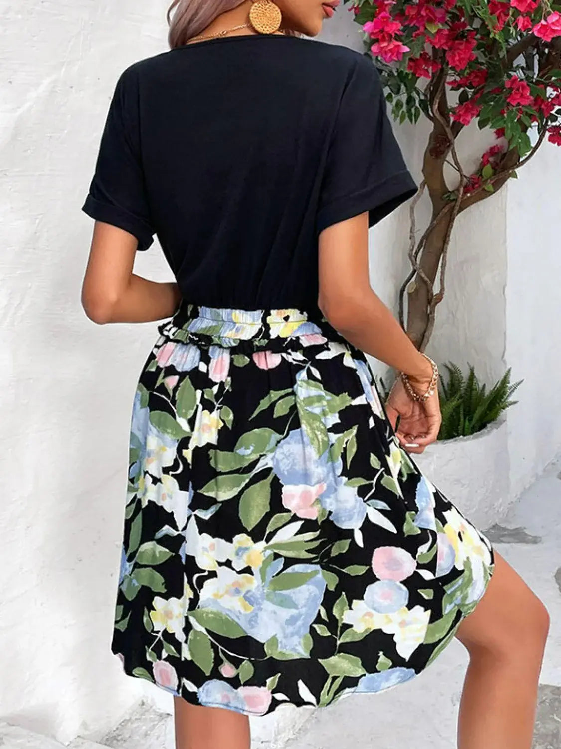 Two-Tone Round Neck Cuffed Sleeve Dress - Trendsi - Flyclothing LLC