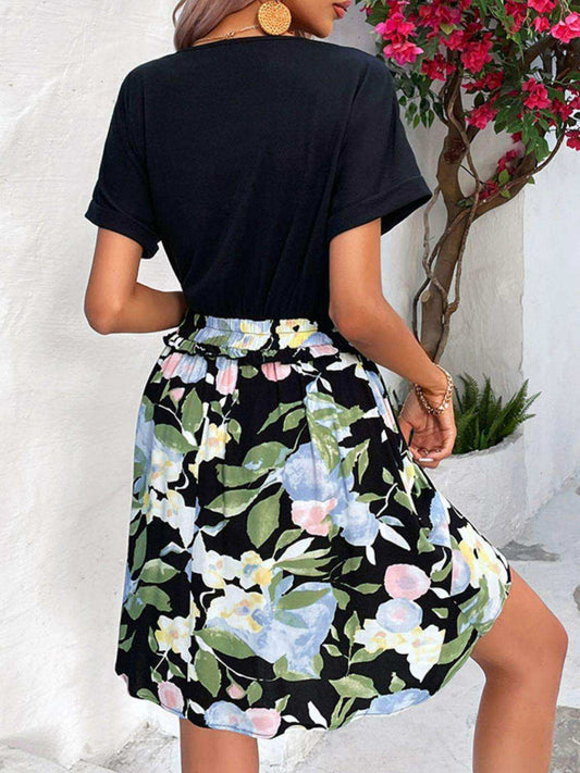 Two-Tone Round Neck Cuffed Sleeve Dress - Trendsi - Flyclothing LLC