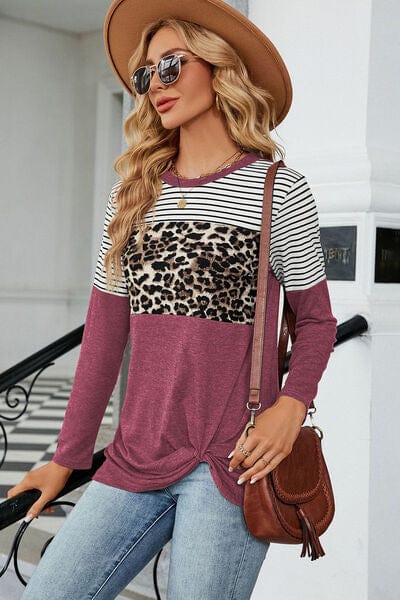 Leopard Striped Round Neck T-Shirt - Trendsi