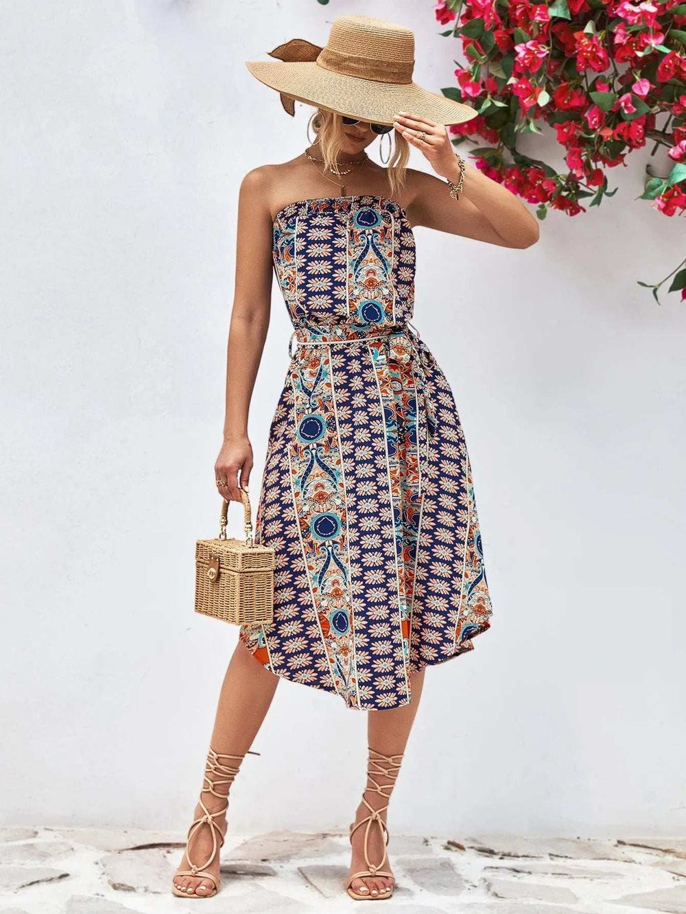 Printed Strapless Tie Belt Dress - Trendsi - Flyclothing LLC
