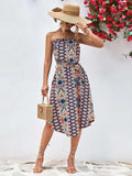 Printed Strapless Tie Belt Dress - Trendsi - Flyclothing LLC