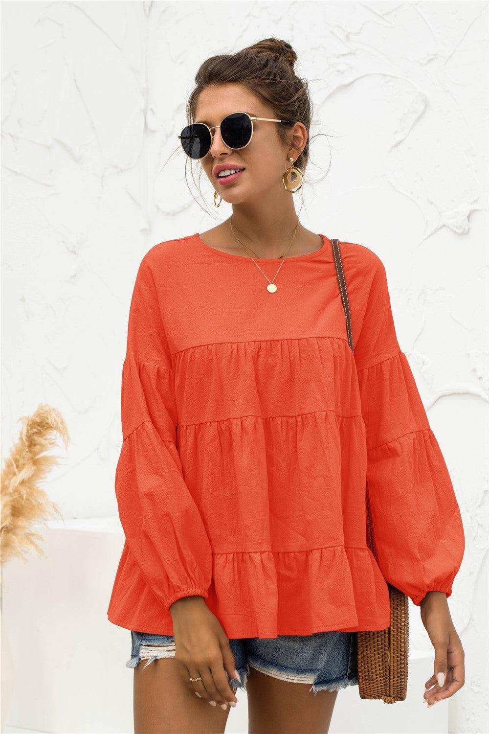 Round Neck Bubble Sleeve Tiered Blouse - Trendsi - Flyclothing LLC