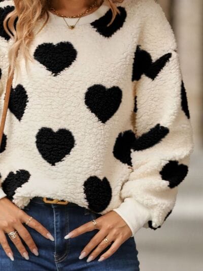 Fuzzy Heart Dropped Shoulder Sweatshirt - Trendsi