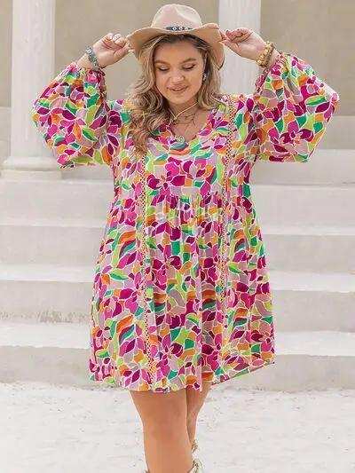 Plus Size Printed V-Neck Balloon Sleeve Mini Dress - Trendsi - Flyclothing LLC