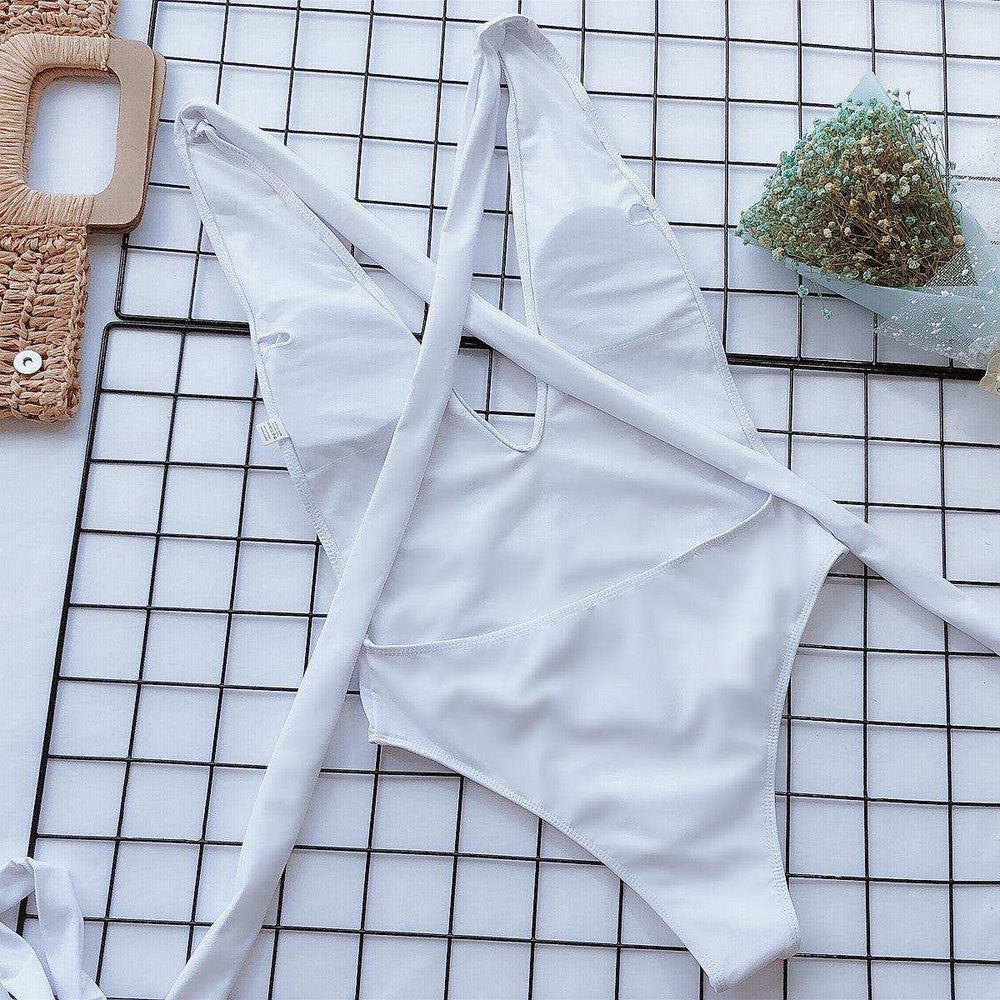 Halter Neck Deep V Tied One-Piece Swimsuit - Trendsi - Flyclothing LLC