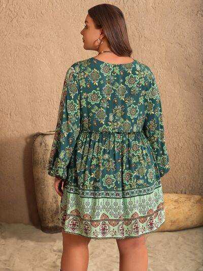 Plus Size V-Neck Balloon Sleeve Printed Mini Dress - Trendsi - Flyclothing LLC