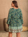Plus Size V-Neck Balloon Sleeve Printed Mini Dress - Trendsi