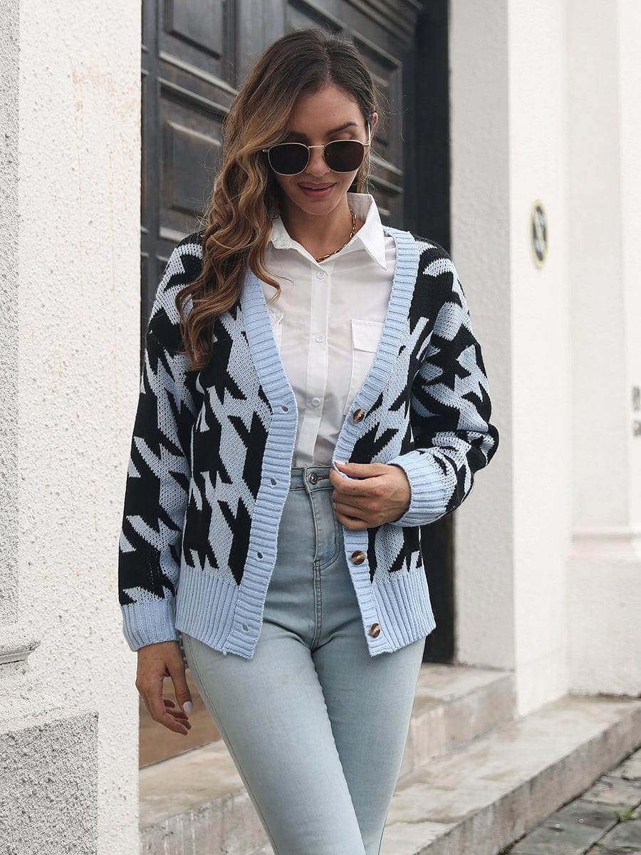 Houndstooth Button Down Cardigan - Trendsi