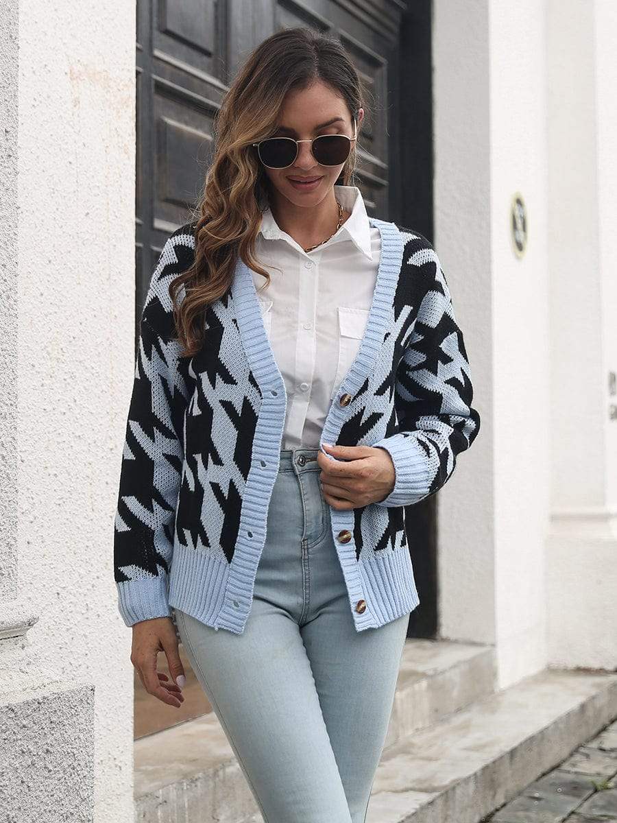 Houndstooth Button Down Cardigan - Trendsi - Flyclothing LLC