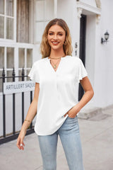 Notched Neck Flutter Sleeve Satin Top - Trendsi - Flyclothing LLC