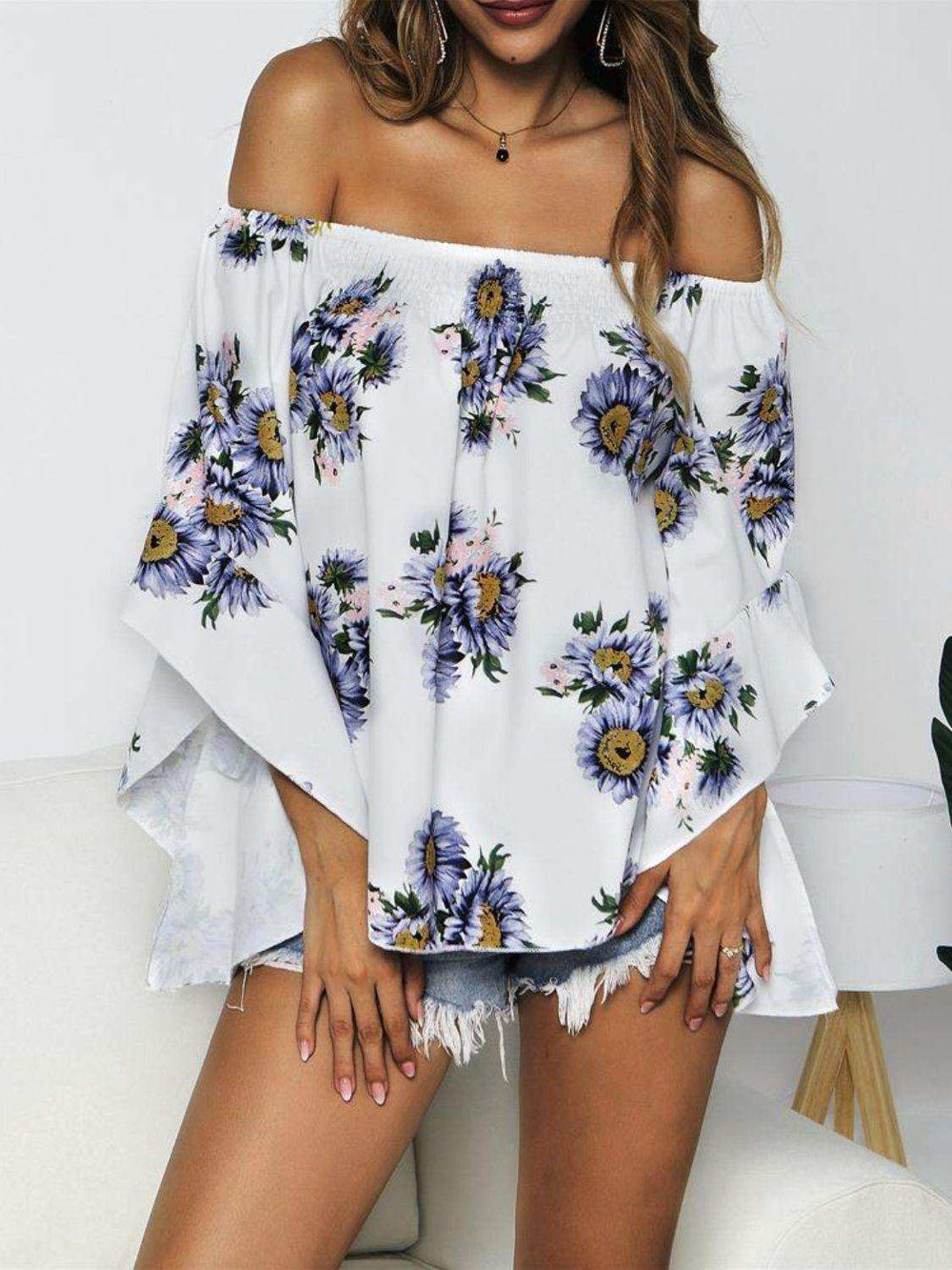 Floral Print Off-Shoulder Flounce Sleeve Blouse - Trendsi - Flyclothing LLC