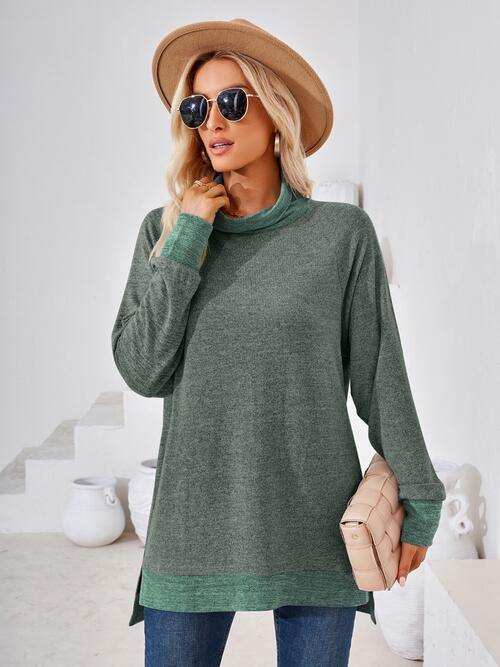 Contrast Mock Neck Long Sleeve T-Shirt - Trendsi - Flyclothing LLC