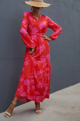 Floral Drawstring Waist Long Sleeve Dress - Trendsi - Flyclothing LLC