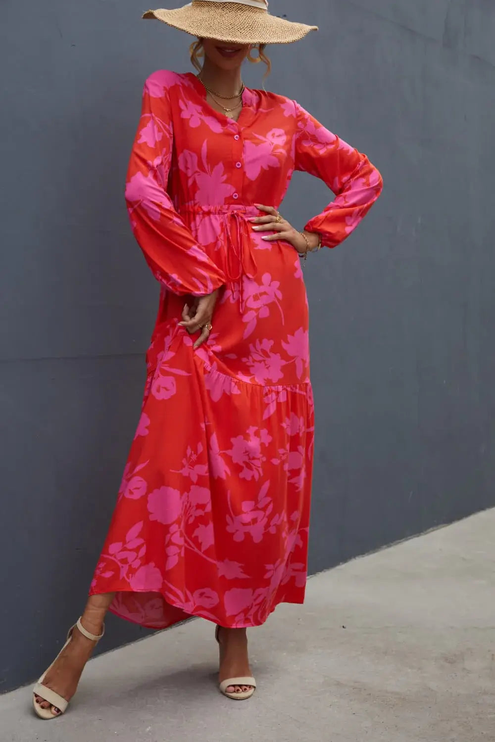 Floral Drawstring Waist Long Sleeve Dress - Trendsi - Flyclothing LLC