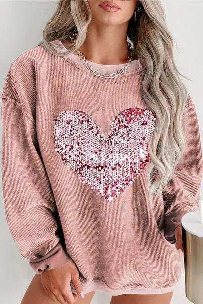 Plus Size Heart Sequin Round Neck Sweatshirt - Trendsi - Flyclothing LLC