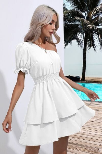 Layered Single Shoulder Flounce Sleeve Mini Dress - Trendsi