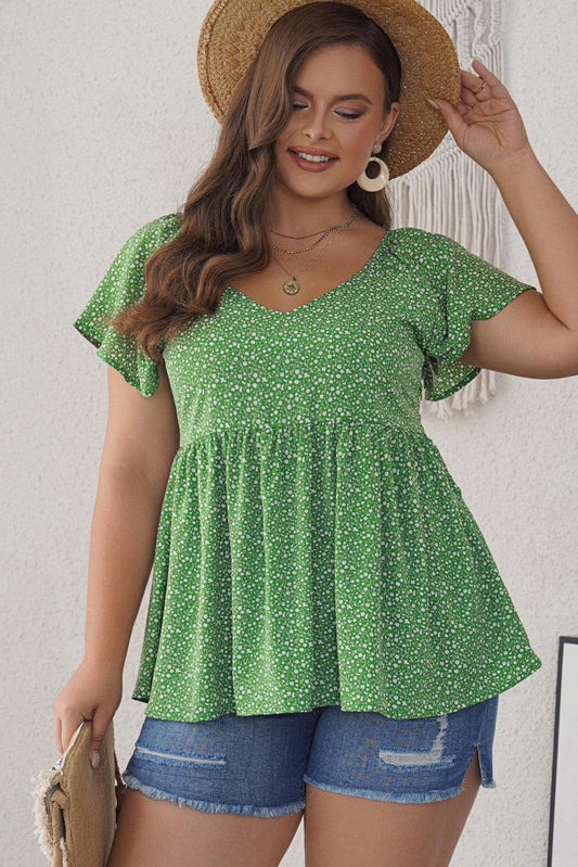 Ditsy Floral Flutter Sleeve Peplum Blouse - Trendsi