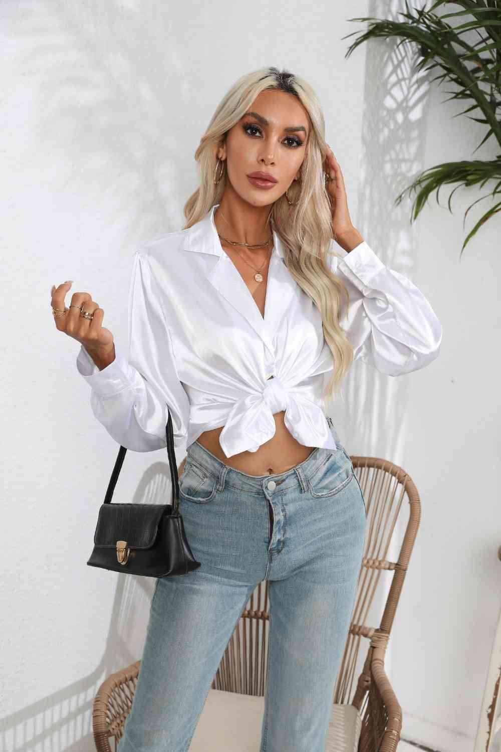 Lapel Collar Button Up Long Sleeve Shirt - Trendsi